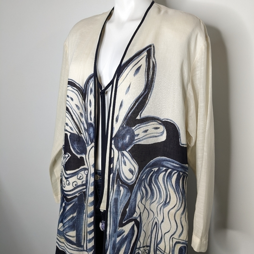 Vintage Dorothy Schoelen Platinum white blue tan tie closure cardigan jacket L - Picture 3 of 12